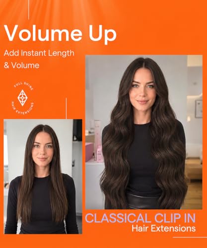 Image of Full Shine Brown Human Hair Clip in Extensions, Dark Brown | Clip in Hair Extensions Real Human Hair, Brunette Hair Extensions for Women, Straight, Smooth Blend, 14 Inch 7 Pcs 120g
