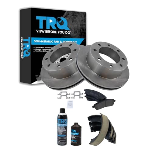 Image of TRQ Rear Brake Pad & Rotor Kit, with Chemical Kit Parking Brake Shoe Set Semi-Metallic Compatible with 2000-2005 Ford Excursion 1999-2004 F-250 Super Duty F-350 Super Duty