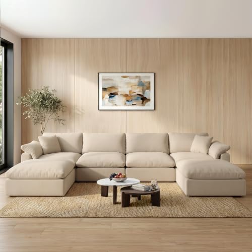 Image of Modern Modular Sectional Sofa U-Shaped 6-Seat with Ottoman,Khaki-Extra Comfty Deep Seat Couch for Living Room,Apartment,Office & Small Spaces