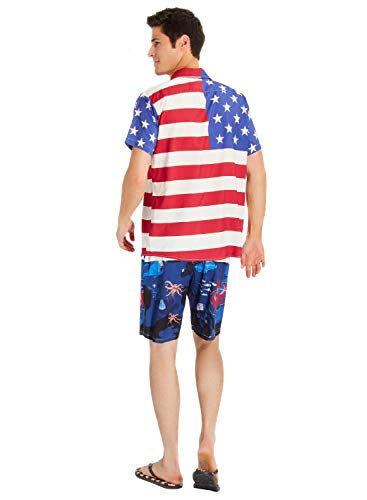 uideazone Men's American Flag Button Down Shirt Patriotic USA Red White and Blue Hawaiian Shirt