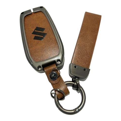 Image of Zinc Metal Alloy Leather Car Key Cover & Case Brown with Keychain & Holder Compatible for Maruti Suzuki Invicto (2 Button Push Smart Key)