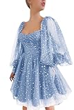 Xijun Homecoming Dresses A-Line Puffy Sleeve Prom Dress Short with Pockets Sparkle Starry Tulle Sky Blue Corset Full Sleeves Formal Party Gowns US6