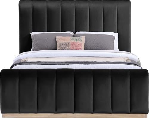 Image of Meridian Furniture AmaraBlack-Q Collection Modern | Contemporary Queen Bed, Ultra Luxe Black 460 GSM Velvet, Natural Finish, Solid Wood Base and Inner Frame, 66.5 inch W x 99 inch D x 51 inch H, Black, Queen