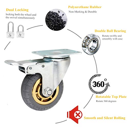 4 inch Heavy Duty Casters Rotary Bearing Casters with Brake, Swivel Caster for Furniture and Workbench, Set of 4, Load 1400lbs