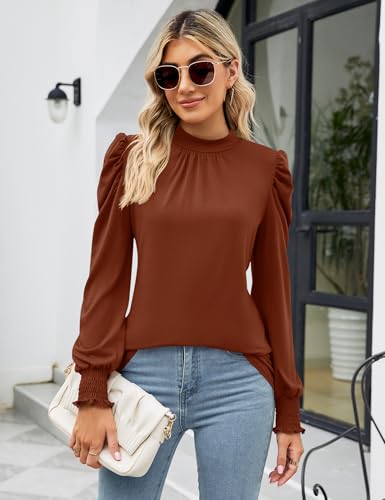 Image of LUYAA Puff Long Sleeve Shirts for Women Tops Dressy Casual Frill Mock Neck Smocked Cuffs Blouses