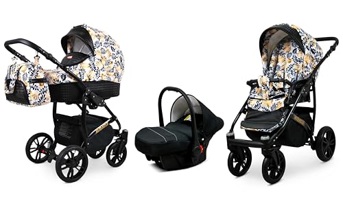 BabyLux® Enfant Poussette Combinée Set 3 en 1 - Miracle - incl. Nacelle, Canne, Siège de voiture - Siège Auto - Pliable - avec Sac à langer, Habillage...