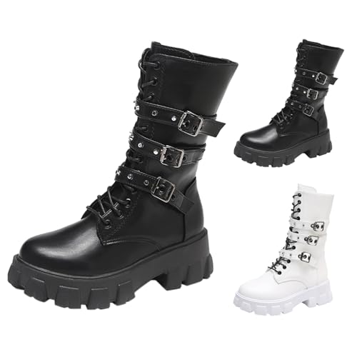 Generisch Damenstiefel Halbhoch Damen Stiefel Gothic Punk Style Mode Schnalle Plateau Keile Freizeitstiefel Flach Motorradstiefel Einfarbig Stiefeletten Bequeme Reitstiefel Elegant Winterstiefel