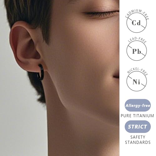 TGNEL Large Black Mens Titanium Hoop Earrings for Sensitive Ears, Fashion Brushed Titanium Earring Hoops for Men Bevel2