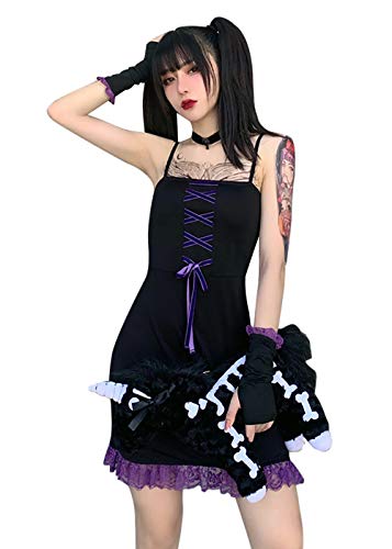 Spaghetti strap purple bow lace black dress gothic lolita chic dr…