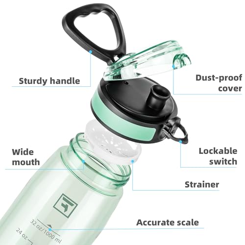 Image of Fanhaw 32 oz Clear Plastic Water Bottle, BPA Free Leakproof Tritan Sports Water Bottle with Chug Lid, Wide Mouth Reusable Bottle for Gym, Travel, School & Office (Glow Green)