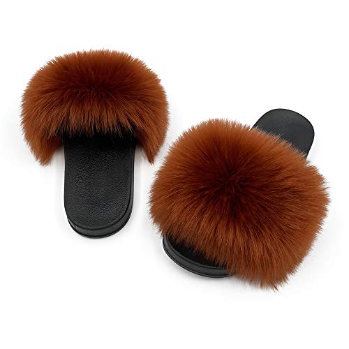 Image of Women's Faux Fur Slides Slippers Fluffy Fuzzy Sandals Open Toe Furry Slide Flip Flop Indoor Outdoor