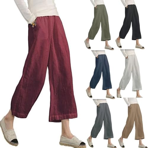 Womens Casual Lightweight Elastic Waist Linen Cotton Trouser Cropped Wide Leg Pants2