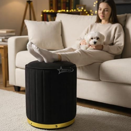 Image of Upholstered Round Linen Strip Stool Living Room Foot Rest Office Stool Pouf Ottoman Padded Seat - Black