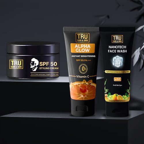 Image of TRU HAIR & SKIN SPF 50 Stylish Cream 50gm + Alpha Glow Instant Brightening Cream 25ml + Nanotechnology Facewash 50ml COMBO
