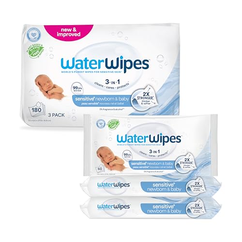 WaterWipes Plastic-Free Original 99.9% Water Based Wipes, Unscented & Hypoallergenic for Sensitive Skin, 180 Count (3 packs), Packaging May Vary