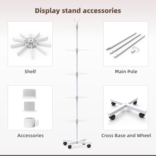 Image of Retail Display Racks 5 Tier Spinning Display Stand, Movable Shop Spinner Rack with Hooks, Retail Display Stand for Jewelry Keyring Hats Socks Toys (White)