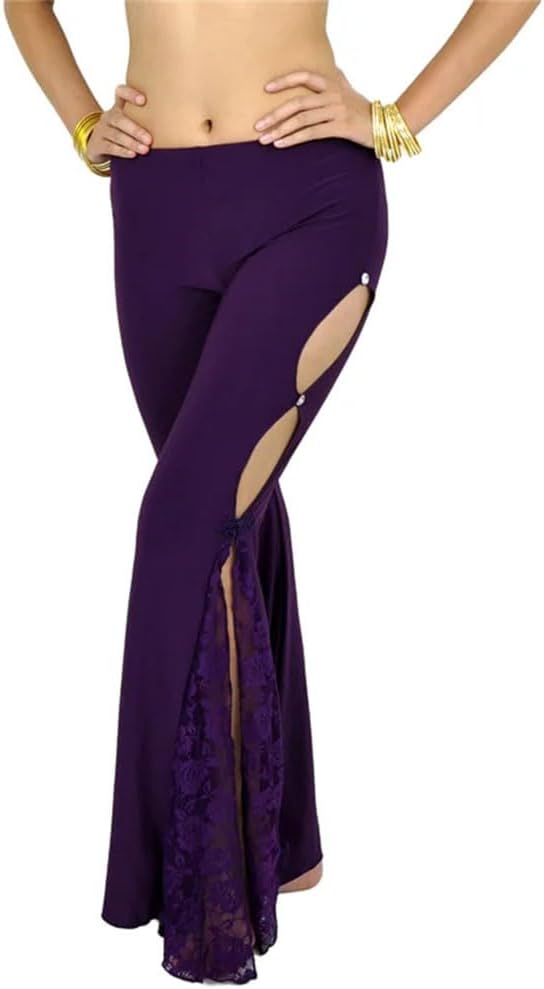 Women's Flared Belly Dance Pants Long Lace Floral Trousers with Side Slit Elastic Waistband