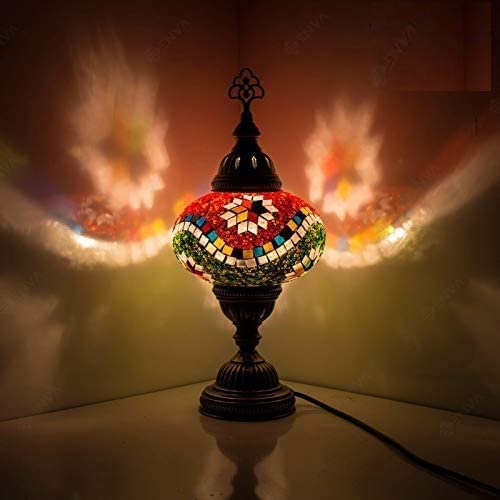 ENVA Turkish Moroccan Style Mosaic Multicoloured Desk Table Lamp, Bronze Base, Unique Light Large Globe (3004)