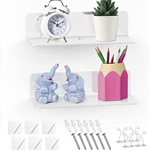 ionlyou Wall shelves Set of 2, White Floating Shelves Wall Mounted with Cable Clips, 9 Inch Acrylic Small Shelf Perfect for Bedroom/Bathroom/Kitchen with 2 Types of Installation (Adhesive & Drilling) Cover