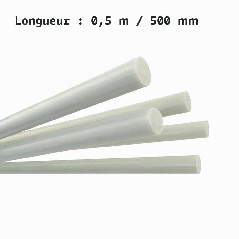 Lot de 10 tiges flexibles en fibre de verre de 6 mm, 7 mm, 8 mm, 10 mm de diamètre, 0,5 m, tiges d'ingénierie blanches haute rigidité(8mm)