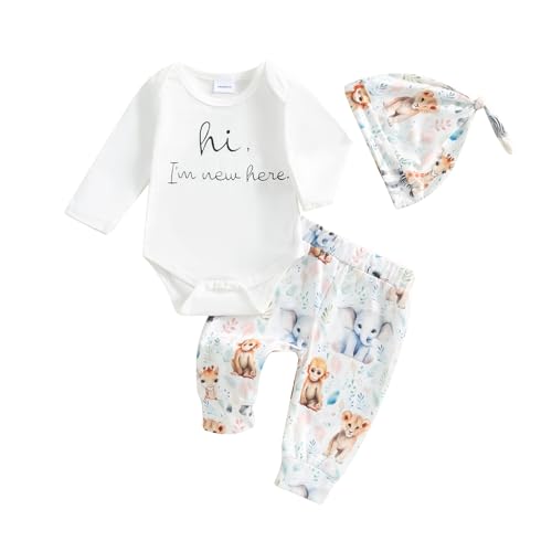 Image of Ursobutegl Newborn Baby Boy Girl Clothes Im New Here Romper Bodysuit Animal Pants Set with Hat Coming Home Hospital Outfits
