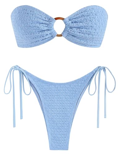 ZAFUL Women's Bandeau Bikini Strapless O Ring Lace Tie Back High Cut Two Piece Swimsuit Bathing Suits