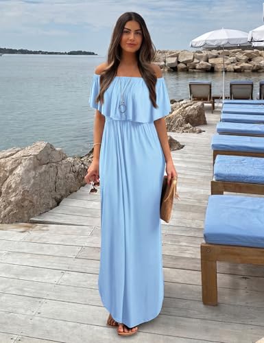 Image of Sarin Mathews Womens Off The Shoulder Ruffle Party Dress Casual Side Split Beach Long Maxi Dresses with Pockets