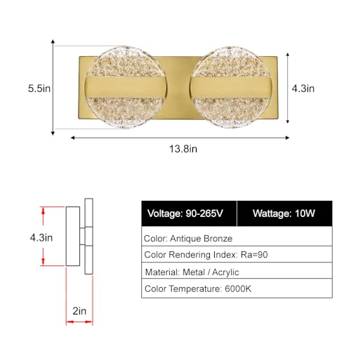 Image of Luxury Brushed Gold Bathroom Vanity Light with High CRI 90+ LED for True Colors, 10W 6000K Cool White Modern Bathroom Lights Fixture Over Mirror for Makeup & Shaving