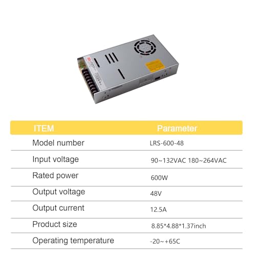 Mean Well LRS-600-48 48V 12.5A 600W Single Output Industrial Power Supply, 90-264VAC Input, 92% Efficiency, Forced-Air Cooling, for Telecom, Industrial Automation, and More