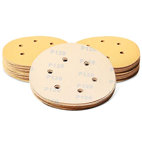 SPEEDWOX 50 Pcs Sanding Discs 6 Inches 120 Grit 6 Hole Hook and Loop Sandpaper Dustless Fit for Random Orbital Sander Assortment Yellow Finishing Discs for Automotive Woodworking