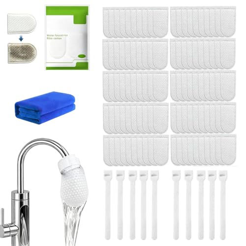 Faucet Filter Cotton Bag 100Pcs Faucet Filter Bag for Filtering tap Water Cotton Filter Bag for Faucet Kitchen Sink (100 filter bags + 10 cable ties + 1 blue towel)
