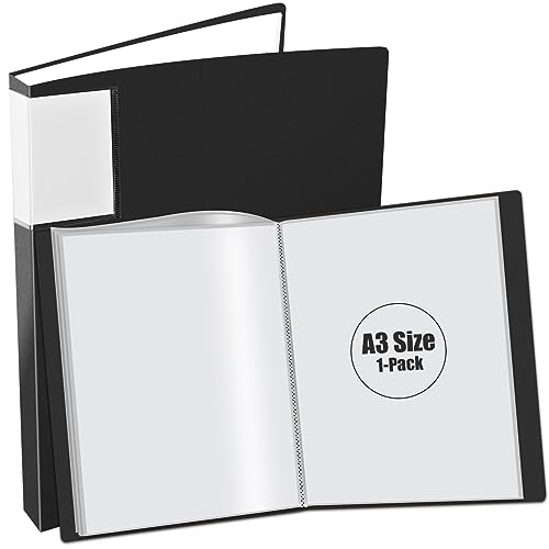 JIKIOU A3 Folder with Clear Plastic Sleeves 40 Pockets Art Portfolio Presentation Folder 80 Views Storage Book for Painting Artwork Black