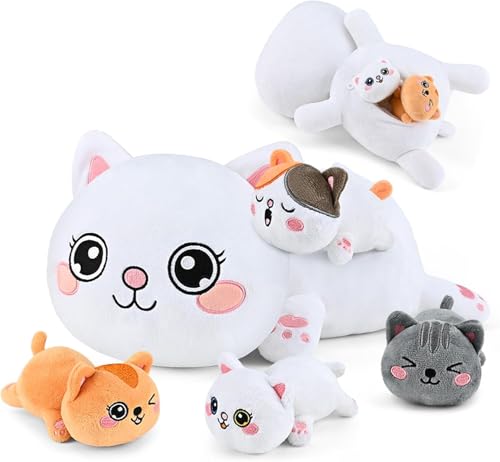 Image of KMUYSL Cat Stuffed Animals Toys for Ages 0 1 2 3 4 5 6 7 8+ Years Old Kids - Mommy Cat with 4 Baby Kitty in Her Tummy, Idea Xmas Birthday Gifts for Baby, Toddler, Girls, Boys