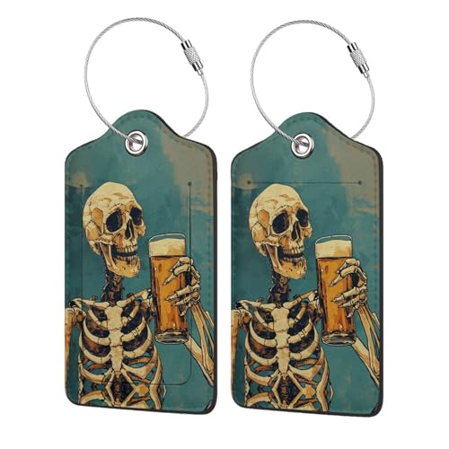 Funny-Skull-Human-Lying-On-Ground-Drinking-Cola 2 Pack Luggage Tag for Suitcase, Luggage Tags for Suitcases,Leather Stainless Steel Loop Label Tag for Men Women Girlstravel Bag Suitcase