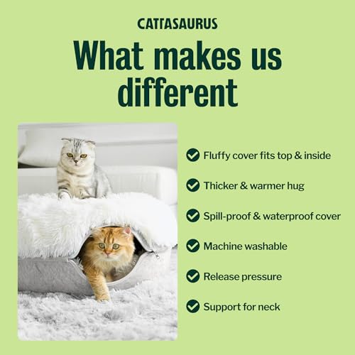 Image of CATTASAURUS Peekaboo Cat Cave for Multiple & Large Cats Up to 30-45 Lbs, Fluffy Cat Beds for Indoor Cats, Scratch Detachable & Washable Tunnel Bed, Comfy Donut Cave (Light Gray, Large (Calming))