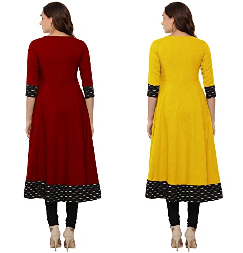 Image of NATEK Plain Cotton Brand Anarkali Gowns Dress for Girls Women - Combo Sets of 2 Maroon, Yellow Colour Large Size