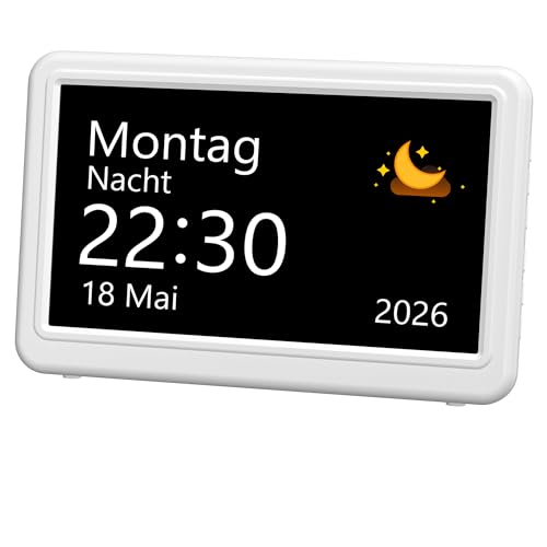 Mesqool 7 Digitaler Kalender Wecker mit 20 Erinnerung & Alarmen 12 Themen & 10 Dimmbar & 6 Sprachen 18 Klingeltöne & Auto DST & Bilderrahmen Demenz Uhr mit Einfach Navigationstasten für Senioren