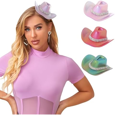 Bohend Cowboy Mini Hat Western Rhinestone Cowboy Hat Neon Women Cowgirl Hats Disco Party Cap Cosplay Costume Accessory 3PCS (Polyester, Dark Rhinestones) Cover