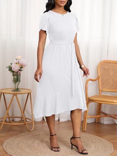 Image of PerZeal Women's Summer Dress Casual Ruffle Sleeve Crewneck A-Line Tiered Flowy Short Sleeve Long Dress with Belt