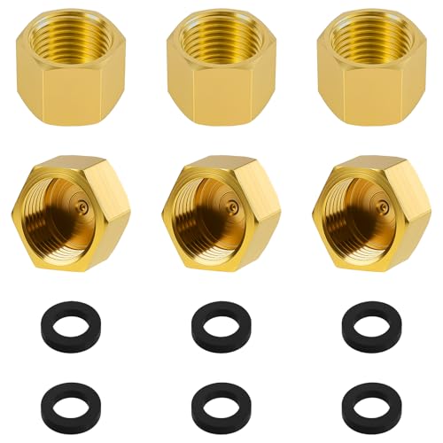 6pcs Brass Pipe Cap, 1/4 Inch NPT Hex Head Pipe Fitting Caps with Rubber Gasket Faucet Valve Caps Brass Compression Cap for Closing off Pipes