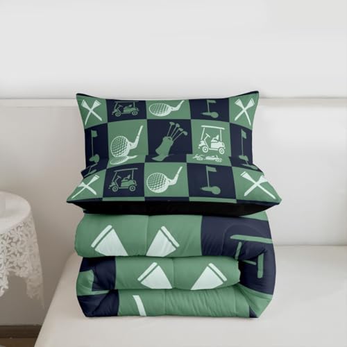 Image of Feelyou Golf Comforter Set Queen Size Navy Blue Green Plaid Buffalo Check Geometric Bedding Set for Kids Boys Girls Sports Theme Duvet Quilt Bedroom Decor Microfiber 3 Pcs with 2 Pillow Cases