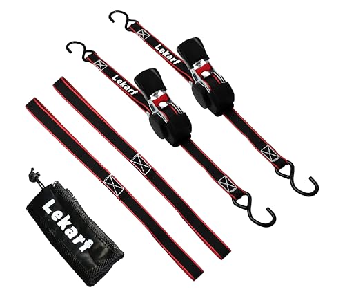 Lekarf Ratchet Straps, Retractable Ratchet Tie Down, 2PC Pack 1” x 12' with Breaking Load of 1200Lbs, 2 Loop Straps and Storage Bag for Motorcycle, ATVs, Boats, Hauling, Cargo Secure
