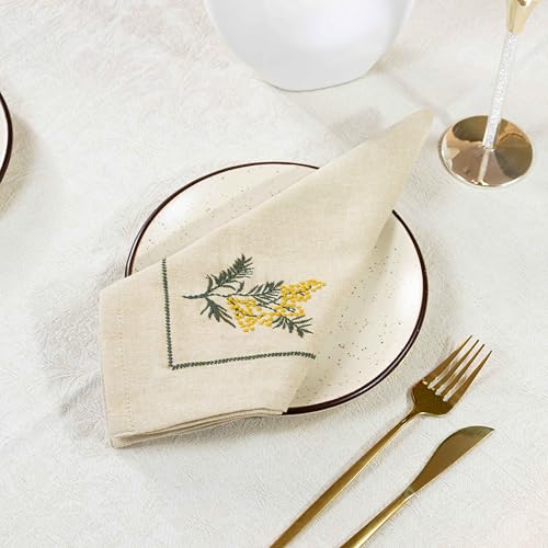 Image of R home Premium Embroidered Cotton Table Napkins Set of 6 Reusable Cloth Dinner Napkins Soft Washable Dining Table Linen Elegant Kitchen Coffee Table Decor (R home Mimosa Sprig, 45X45 CM)