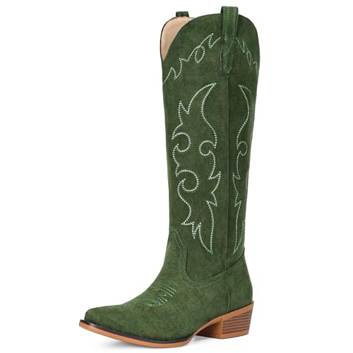 Fioralie Suede Cowboy Boots for Women Knee High Western Cowgirl Boots Pointed Toe Low Heel Classic Embroidered Boot