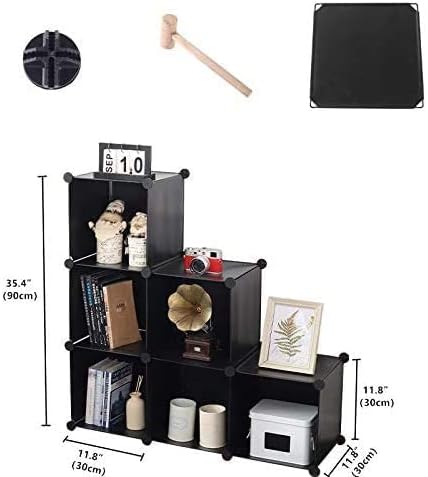 YCOCO Cube Storage Organizer 6-Cube Closet Storage Shelves with Wooden Mallet,Closet Cabinet Bookshelf,Plastic Square Cube Storage for Home,Office, Kids Room,Black