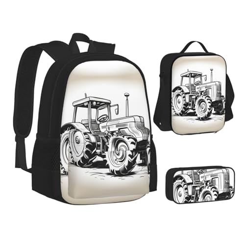 Cartoon Tractor Print 3 Piece Set Backpack, Lunch Bag, Pencil Case, Cute Sturdy For College And Travel2