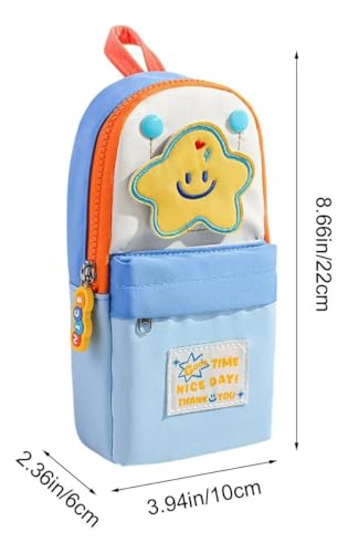 Image of Canvas School Bag Pencil Case, 3 Layer 6 Compartment Large Capacity, Aesthetic Pencil Pouch for Stationary, Cute Stationery for Kids, Pencil Case for Girls & Boys (Blue Star)