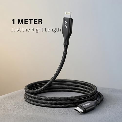 Image of PHILIPS DLC4130LB /94 27W iPhone Original Type-C to Lightning Fast Charging Cable (1m, Dark Slate) | MFi Certified | 480Mbps Data Sync | Nylon Braided | Compatible with iPhone & Other Lightning Devices