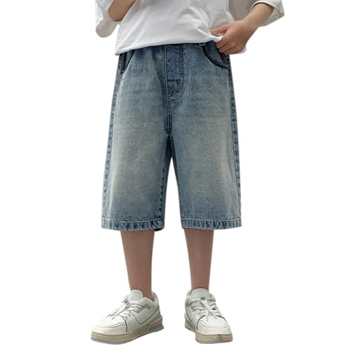 Child Boys Mid Waist Elastic Straight Stretch Summer Capris Cropped Denim Jeans Soft Strechy Elastic Band Shorts