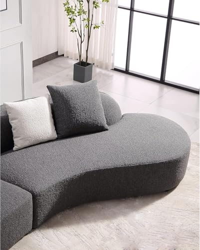 Image of Modern Futuristic J- Style Curved Boucle Febric Sofa Round Arm 4 Seater Sofa with Soft Pillow for Living Room, Bedroom, Hallways (Grey)
